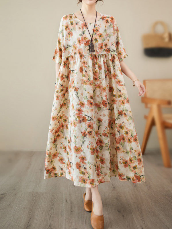 Floral Printed Pleated Split-Joint Loose Raglan Sleeve Round-Neck Midi Dresses