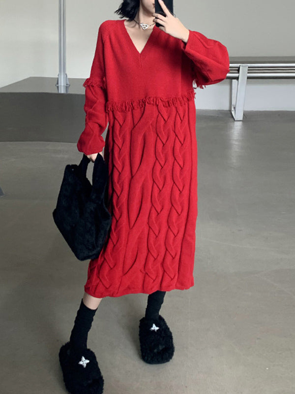 Solid Color Split-Joint Tasseled Long Sleeves Loose V-Neck Sweater Dresses Midi Dresses