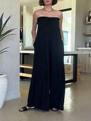 Elasticity Hollow Pleated Solid Color Sleeveless Wide Leg Tube Jumpsuits