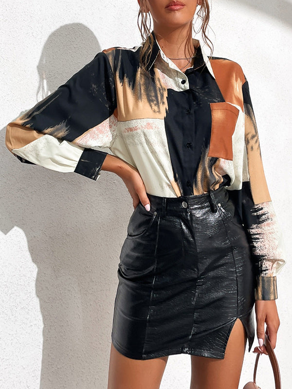 Asymmetric Printed Split-Joint Long Sleeves Loose Lapel Blouses&Shirts Tops