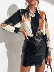 Asymmetric Printed Split-Joint Long Sleeves Loose Lapel Blouses&Shirts Tops