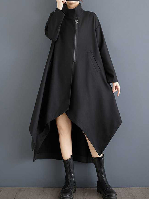 Pockets Solid Color Split-Joint Zipper High-low Long Sleeves Stand Collar Outerwear