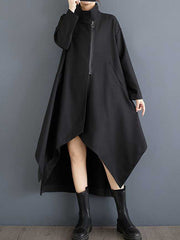 Pockets Solid Color Split-Joint Zipper High-low Long Sleeves Stand Collar Outerwear