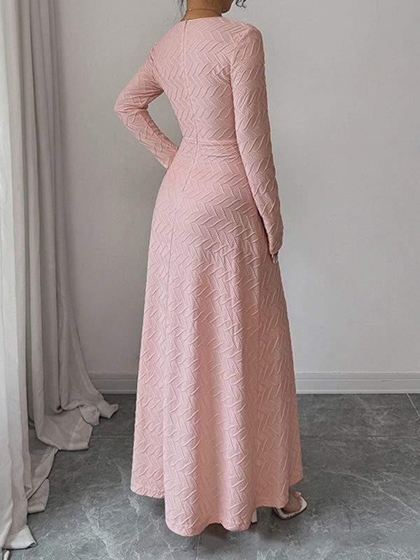 Pleated Solid Color High Waisted Long Sleeves Deep V-Neck Maxi Dresses