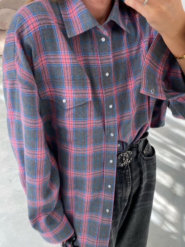 Buttoned Plaid Pockets Split-Joint Long Sleeves Loose Lapel Blouses&shirts Tops
