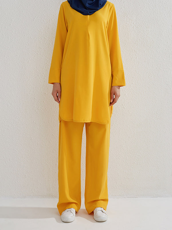 Round-Neck Long Sleeves Pockets Solid Color Split-Side Shirts Top + Pants Bottom Two Pieces Set