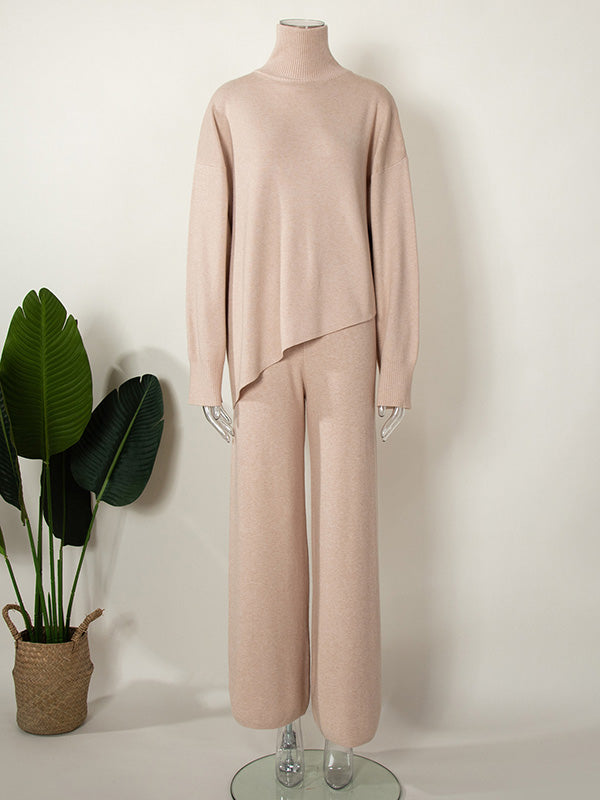 Casual Solid Color Irregularity High-Neck Sweater& Wide Leg Pants Suits