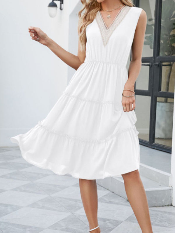 Elasticity Pleated Split-Joint A-Line High Waisted V-Neck Midi Dresses