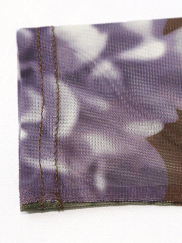 Floral Printed See-Through Split-Joint Long Sleeves Plus Size High Neck T-Shirts