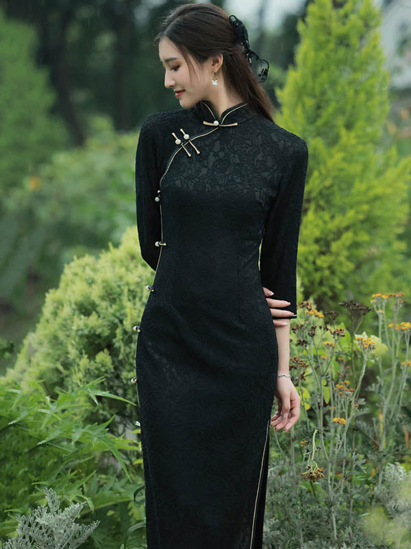 Vintage Split-Side Jacquard Long Cheongsam