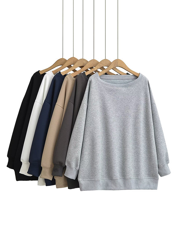 Solid Color Split-Joint Long Sleeves Loose Round-neck Sweatshirt Tops