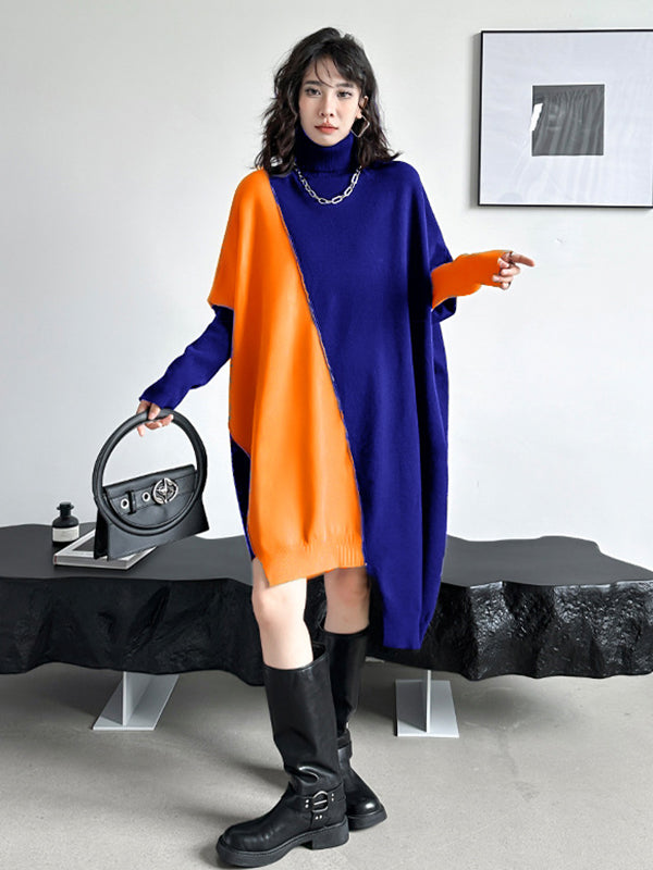 Asymmetric Contrast Color Split-Joint Batwing Sleeves Hipster High-neck Sweater Dresses Midi Dresses