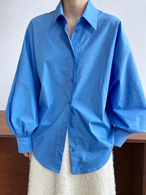 Buttoned Pleated Solid Color Long Sleeves Loose Lapel Blouses&Shirts Tops
