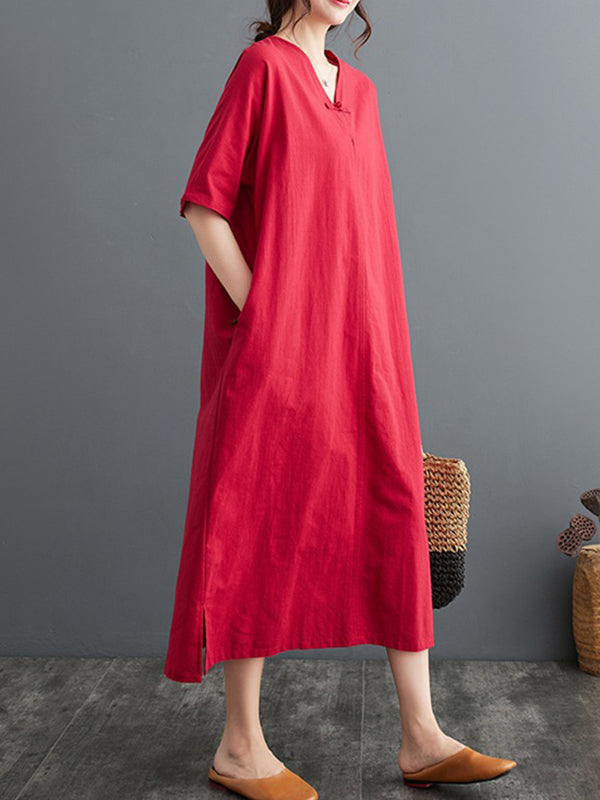Chinese Frog Buttons Pockets Solid Color Split-Side A-Line Loose V-Neck Midi Dresses