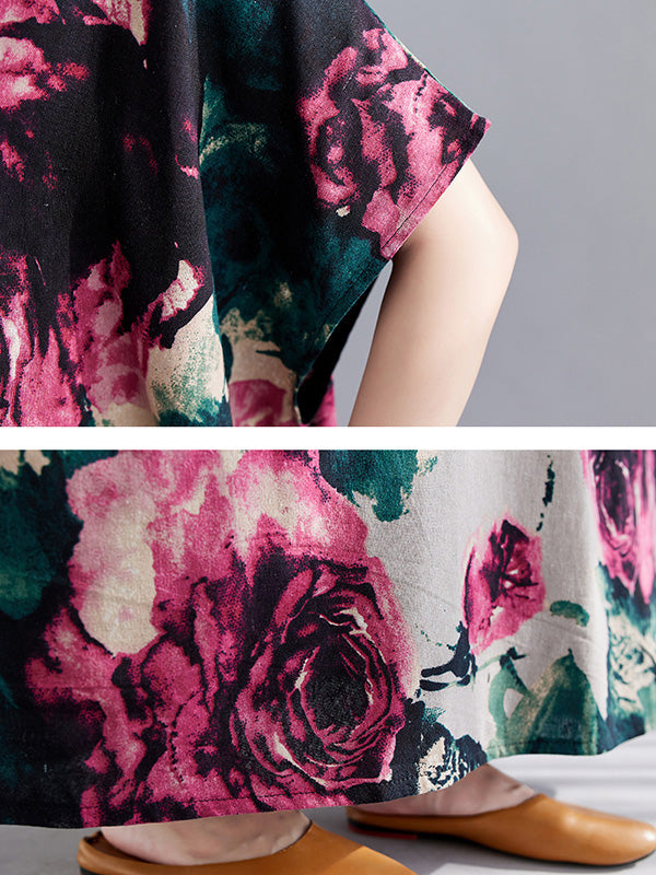 Artistic Retro Short Sleeves Loose Floral Printed Contrast Color V-Neck Maxi Dresses