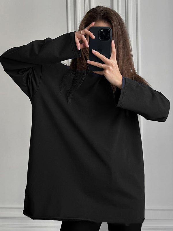 Solid Color Long Sleeves Loose Round-Neck T-Shirts Tops
