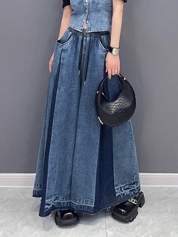 Contrast Color Drawstring Fringed Pockets Loose Wide Leg Jean Pants Bottoms