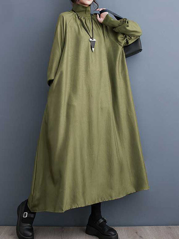 Pleated Pockets Solid Color Split-Joint A-Line Long Sleeves High Neck Midi Dresses