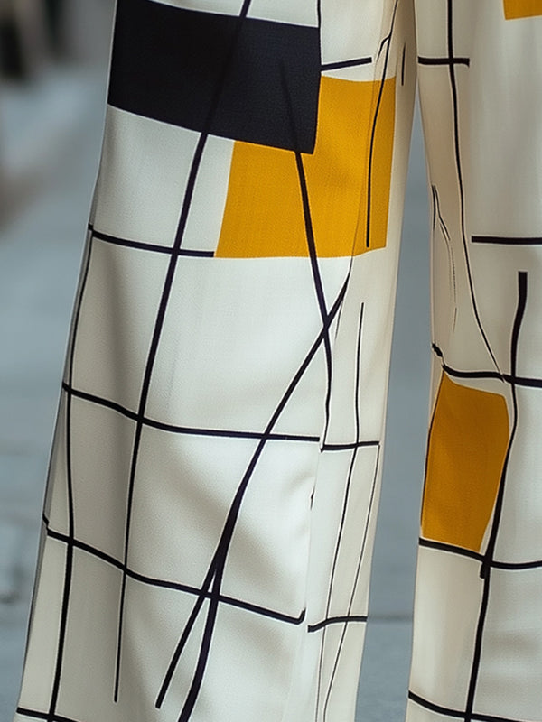 Asymmetric Printed Split-Joint High Waisted Loose Trousers Pants