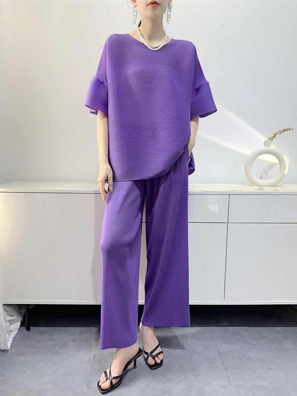 Elastics Pleated Solid Color Short Sleeves Wide Leg Round-neck Two Pieces Set