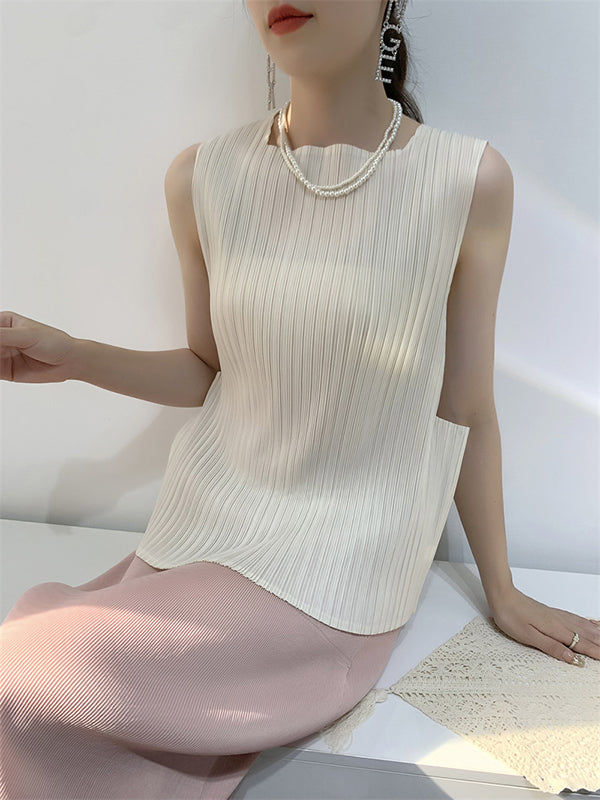 Pleated Solid Color Split-Joint Loose Sleeveless Square-Neck Vest Top