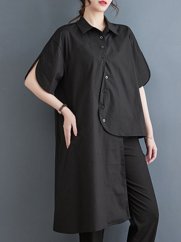 Solid Color Irregular clipping Lapel Shirts Tops