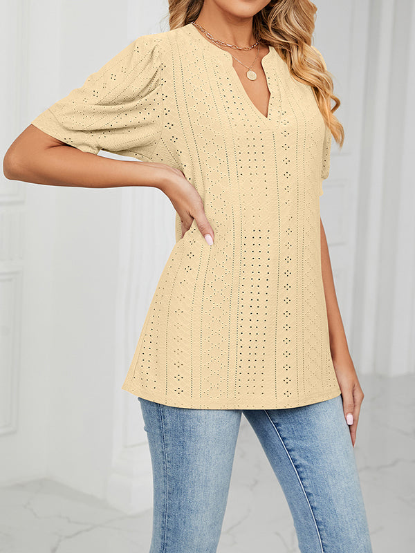 Hollow Solid Color Bishop Sleeve Loose V-neck T-Shirts Tops
