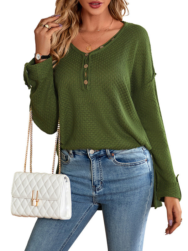 Buttoned Split-Side Long Sleeves Loose V-Neck Sweater Tops Pullovers