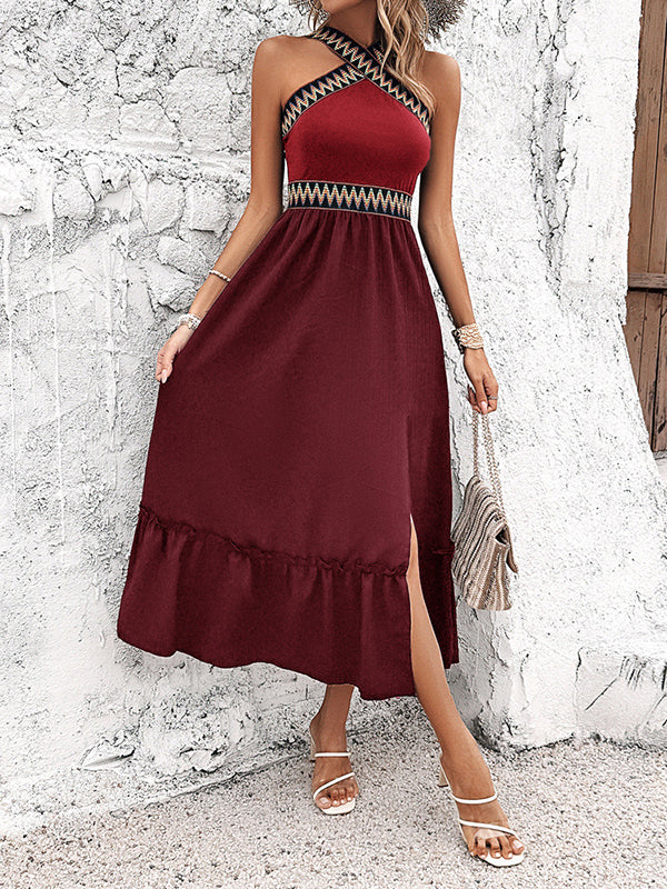 Embroidered Pleated Split-Joint Split-Side A-Line High Waisted Halter-Neck Midi Dresses