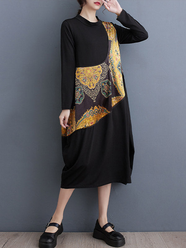 Asymmetric Printed Split-Joint Long Sleeves Loose Round-Neck Midi Dresses