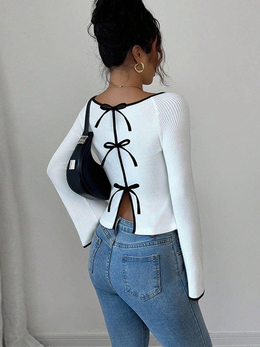 Contrast Color Ribbed Knit Split-Joint Long Sleeves Round-Neck Blouses&Shirts Tops