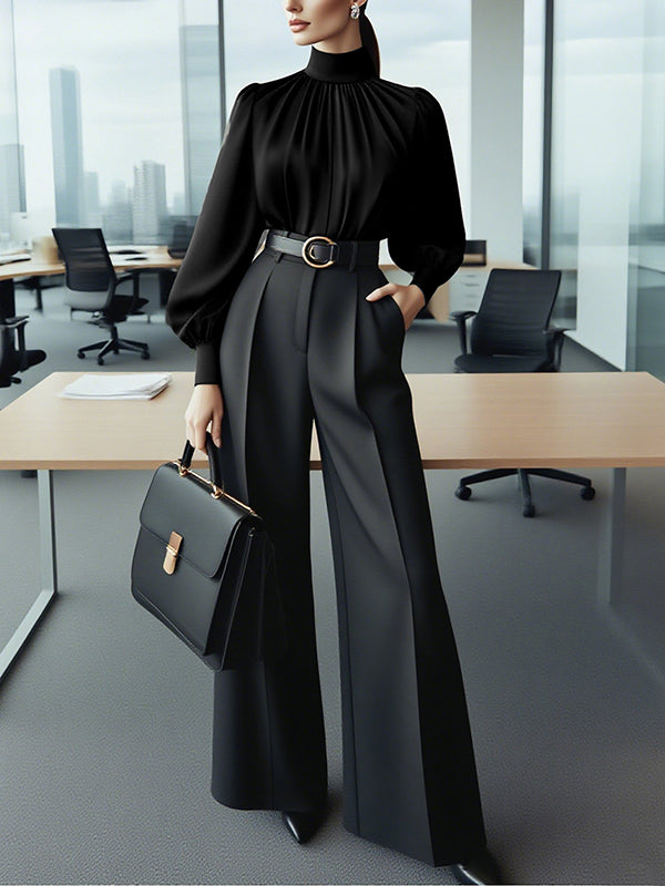 Pleated Solid Color Split-Joint Puff Sleeves High Neck Blouses&Shirts Tops