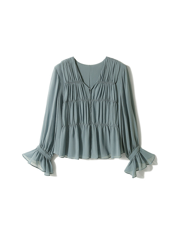 Pleated Solid Color Split-Front Flared Sleeves Long Sleeves V-Neck Blouses&Shirts Tops