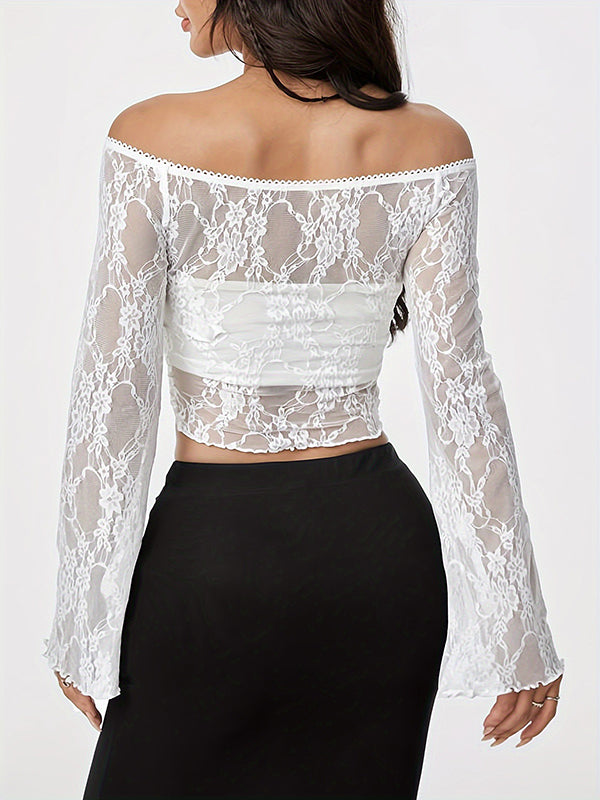 See-Through Solid Color Flared Sleeves Long Sleeves Off-The-Shoulder T-Shirts Tops