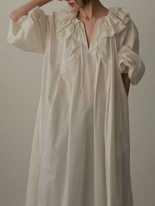 Pleated Solid Color Split-Joint Tiered Loose Puff Sleeves V-Neck Midi Dresses