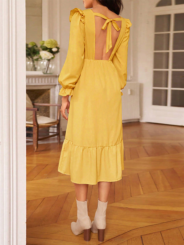 Backless Elasticity Ruffled Solid Color Split-Joint Split-Side Tied A-Line High Waisted V-Neck Midi Dresses