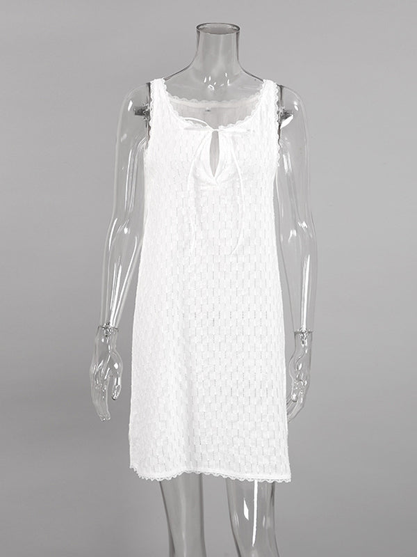 Solid Color Split-side Tied Loose Sleeveless V-neck Mini Dresses