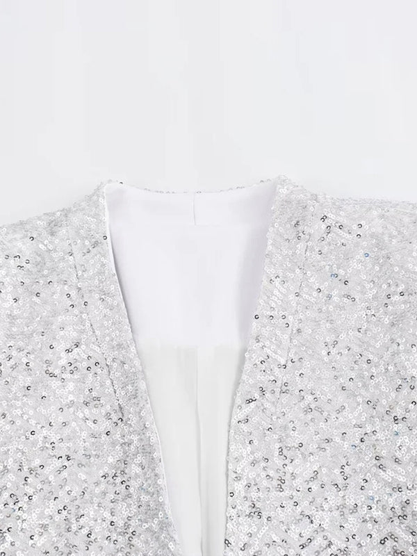 V-Neck Long Sleeves Loose Sequined Shiny Blazers Top + Shorts Bottom Two Pieces Set