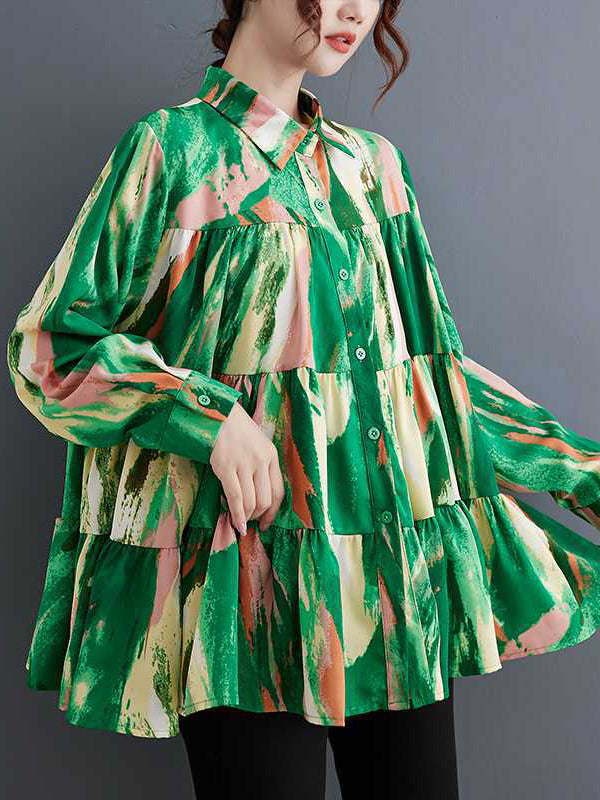 Pleated Printed Split-Joint Long Sleeves Loose Lapel Blouses