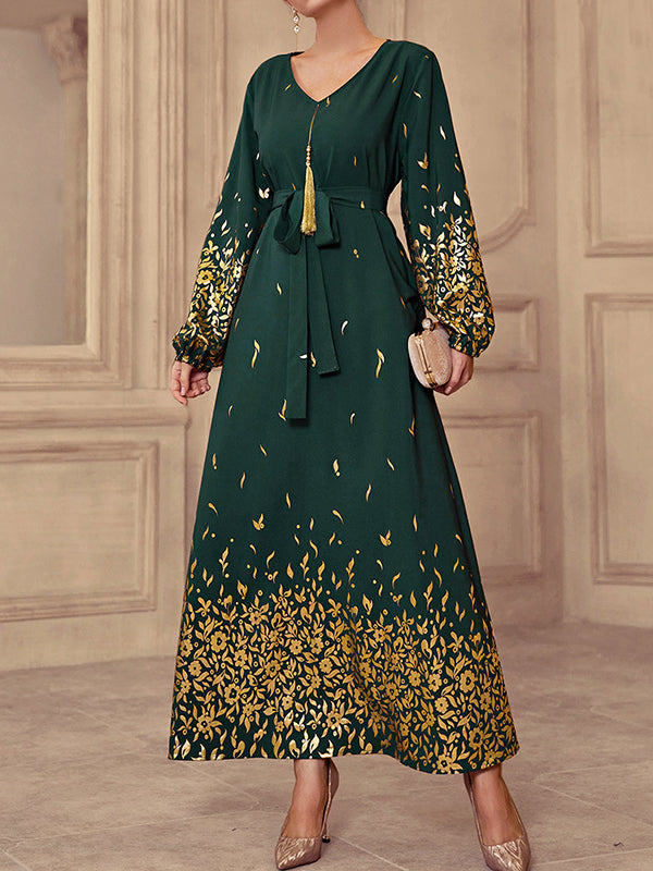 Bronzing Tasseled Tied Waist Bishop Sleeve Long Sleeves V-Neck Maxi Dresses