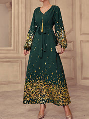 Bronzing Tasseled Tied Waist Bishop Sleeve Long Sleeves V-Neck Maxi Dresses