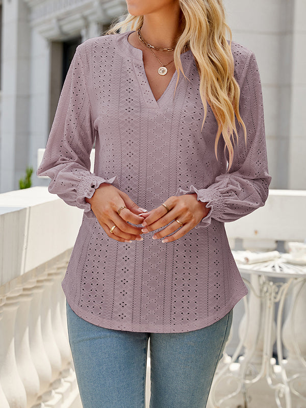 Elasticity Hollow Solid Color Long Sleeves Loose V-neck T-Shirts Tops