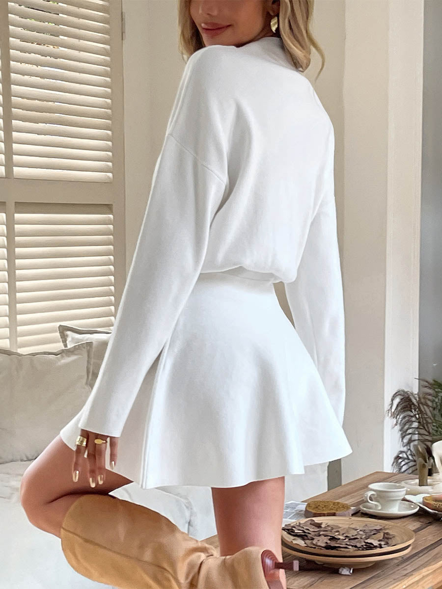 Elasticity Solid Color A-line High Waisted Round-neck Sweater Dresses Mini Dresses