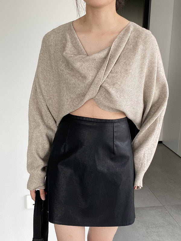 Knot Solid Color Batwing Sleeves Long Sleeves V-Neck Sweater Tops Pullovers