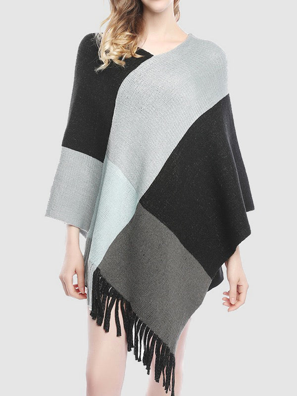 Asymmetric Color-Block Tasseled Loose V-Neck Shawl&Cloak Cape