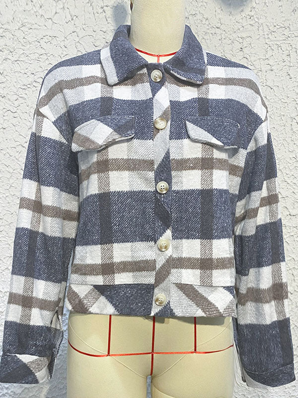 Buttoned Contrast Color Plaid Long Sleeves Loose Lapel Outerwear