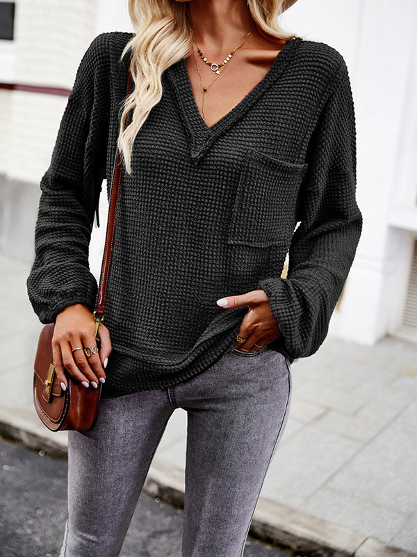 Elasticity Pockets Solid Color Split-Joint Long Sleeves Loose V-Neck T-Shirts Tops