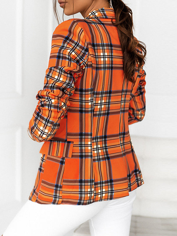 Buttoned Plaid Pockets Long Sleeves Loose Notched Collar Outerwear Blazer