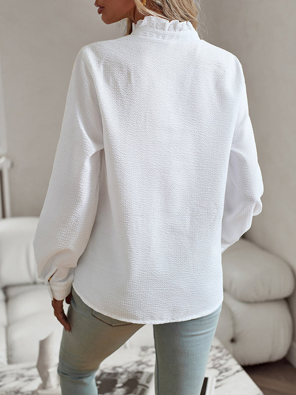 Asymmetric Buttoned Ruffled Striped Long Sleeves Mock Neck Blouses&shirts Tops