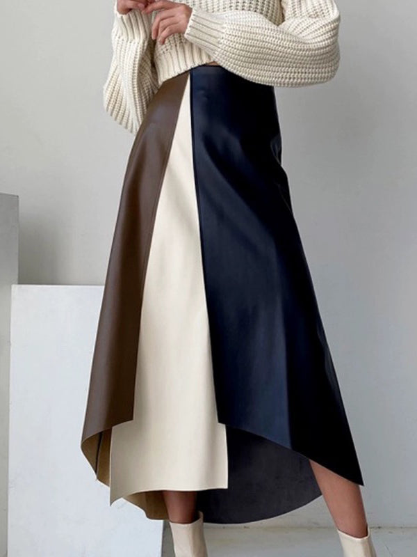 Asymmetric Contrast Color Split-Front A-Line High Waisted Skirts Bottoms